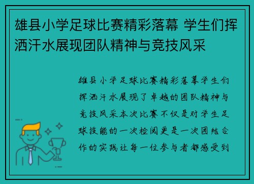 雄县小学足球比赛精彩落幕 学生们挥洒汗水展现团队精神与竞技风采