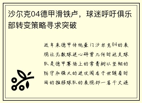 沙尔克04德甲滑铁卢，球迷呼吁俱乐部转变策略寻求突破