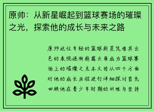 原帅：从新星崛起到篮球赛场的璀璨之光，探索他的成长与未来之路