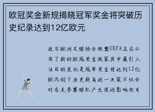 欧冠奖金新规揭晓冠军奖金将突破历史纪录达到12亿欧元
