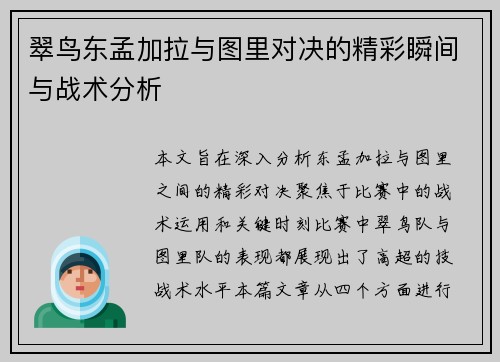 翠鸟东孟加拉与图里对决的精彩瞬间与战术分析