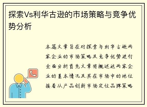 探索Vs利华古逊的市场策略与竞争优势分析
