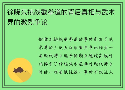 徐晓东挑战截拳道的背后真相与武术界的激烈争论