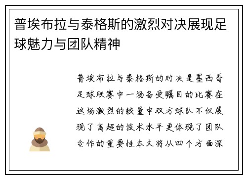 普埃布拉与泰格斯的激烈对决展现足球魅力与团队精神