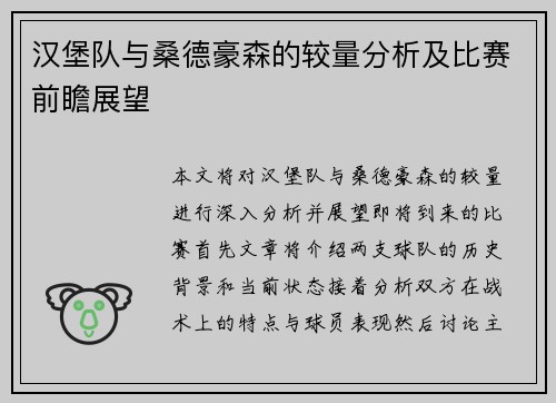 汉堡队与桑德豪森的较量分析及比赛前瞻展望