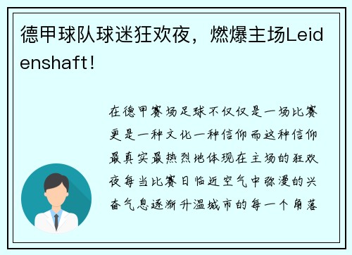 德甲球队球迷狂欢夜，燃爆主场Leidenshaft！