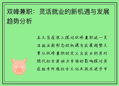 双峰兼职：灵活就业的新机遇与发展趋势分析